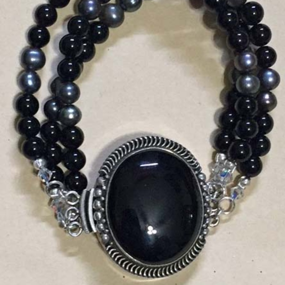 Onyx and Pearl Triple Strand Bracelet by Sharon